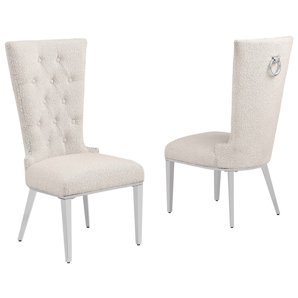 Cream Boucle Fabric With Silver Chrome Base Glam Dining Chairs (Set Of 2). Picture 1
