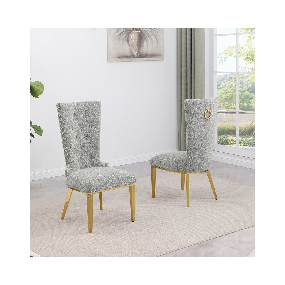 Rich Gray Boucle Fabric With Gold Chrome Base Glam Dining Chairs (Set Of 2). Picture 2