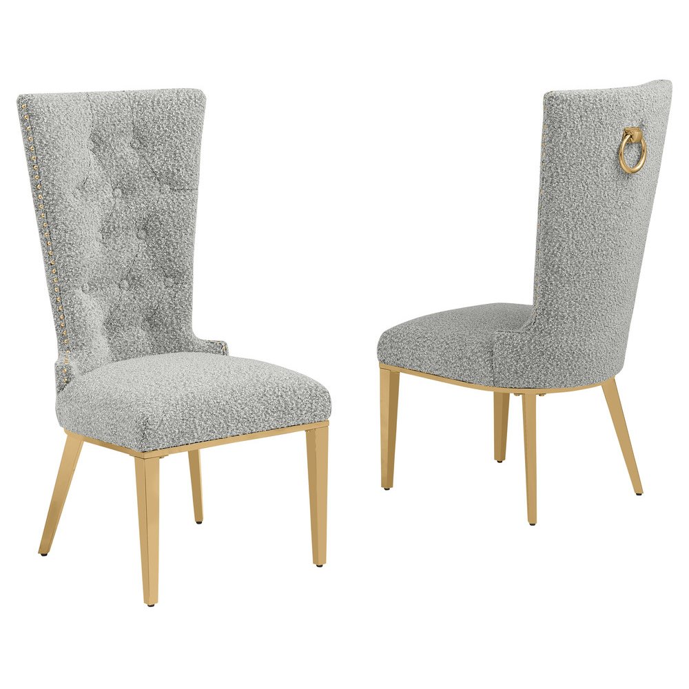 Rich Gray Boucle Fabric With Gold Chrome Base Glam Dining Chairs (Set Of 2). Picture 1