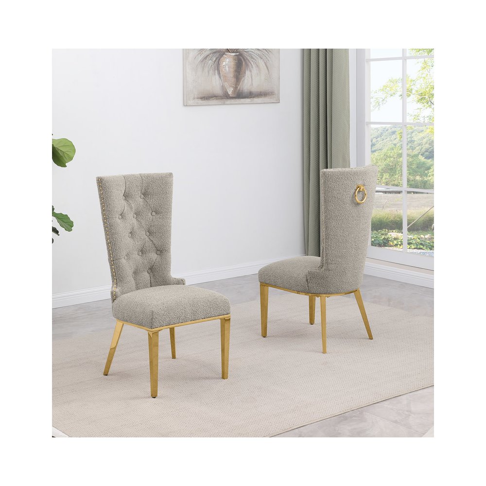 Gray Boucle Fabric With Gold Chrome Base Glam Dining Chairs (Set Of 2). Picture 2