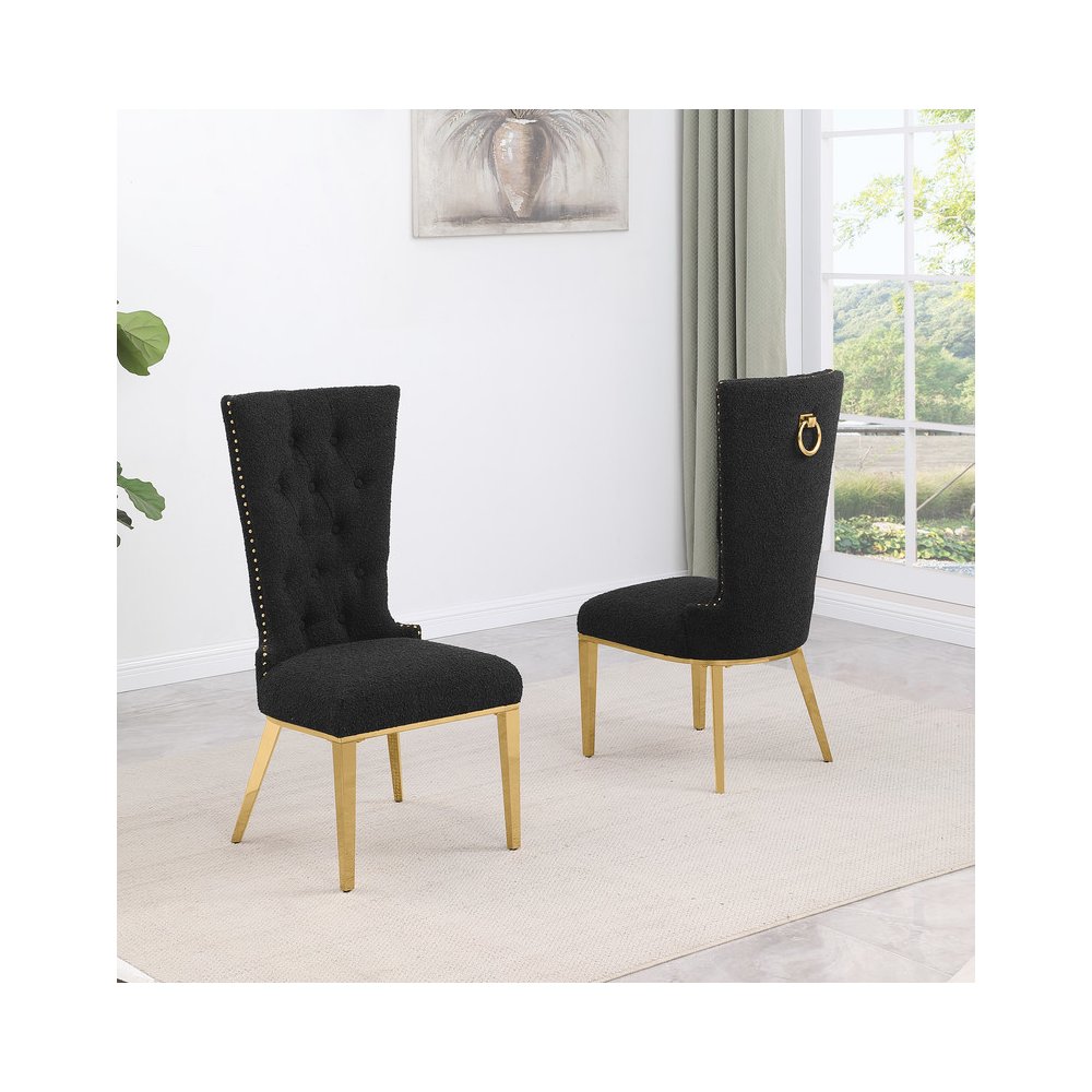 Black Boucle Fabric With Gold Chrome Base Glam Dining Chairs (Set Of 2). Picture 2