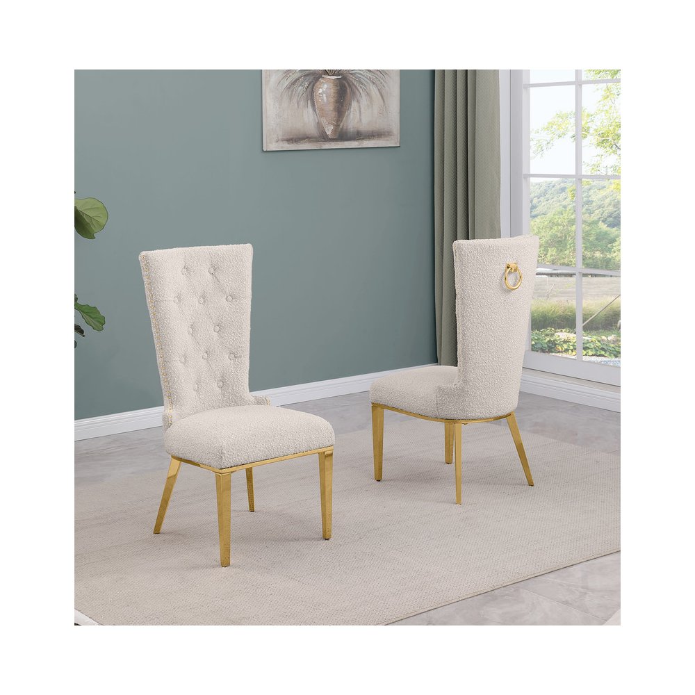 Cream Boucle Fabric With Gold Chrome Base Glam Dining Chairs (Set Of 2). Picture 2