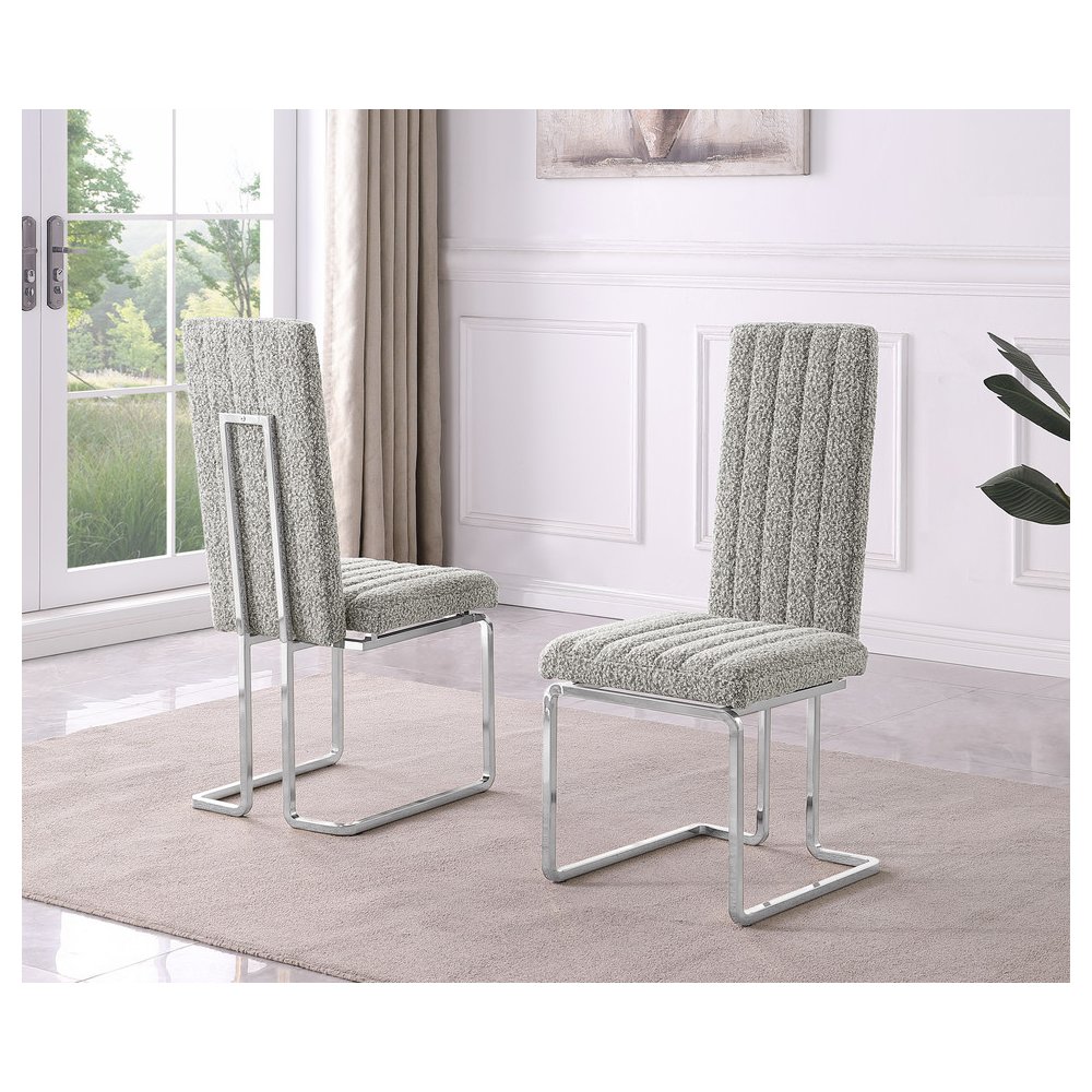 Rich Gray Boucle Fabric Silver Chrome Base Back Rest Dining Chairs (Set Of 2). Picture 2