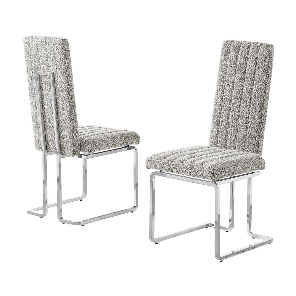 Rich Gray Boucle Fabric Silver Chrome Base Back Rest Dining Chairs (Set Of 2). Picture 1
