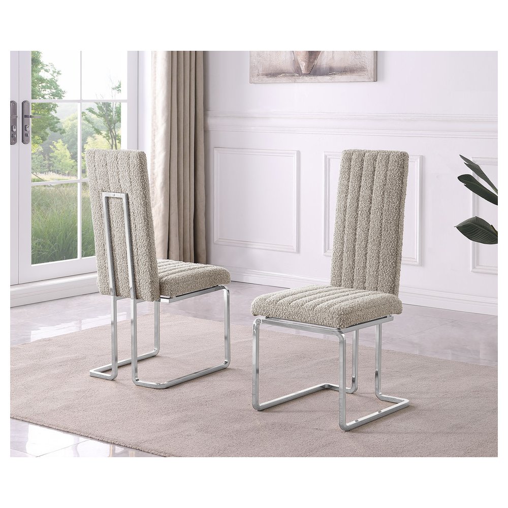 Gray Boucle Fabric Silver Chrome Base Tall Back Rest Dining Chairs (Set Of 2). Picture 2