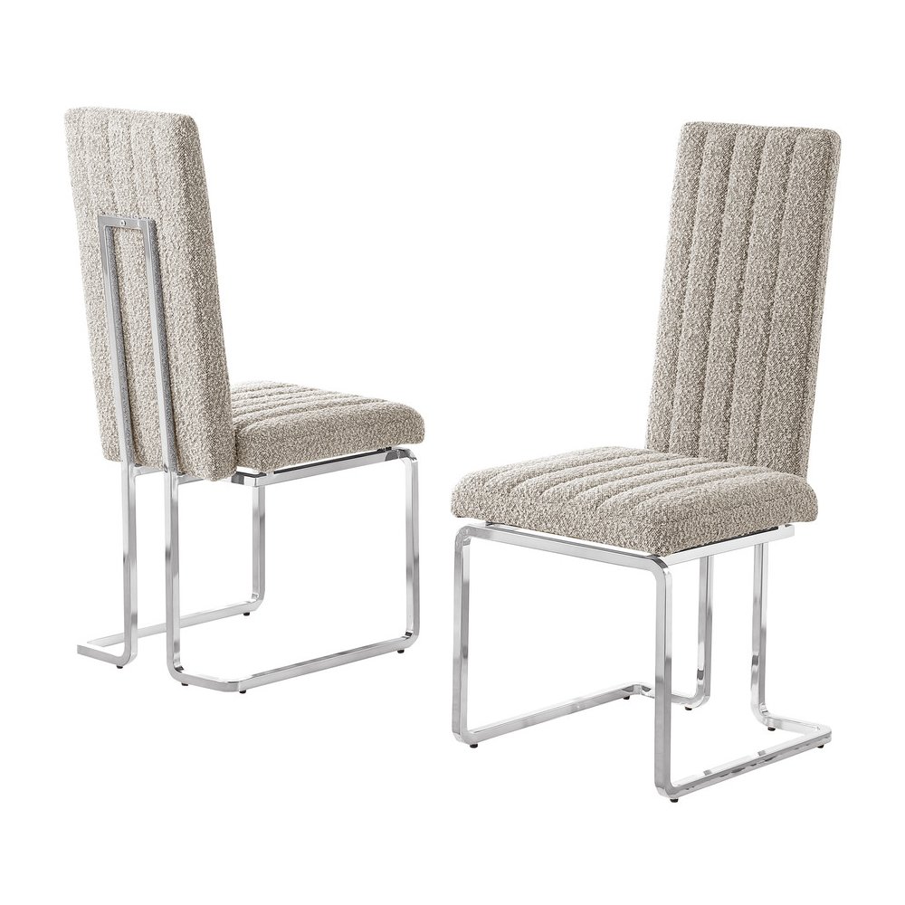Gray Boucle Fabric Silver Chrome Base Tall Back Rest Dining Chairs (Set Of 2). Picture 1