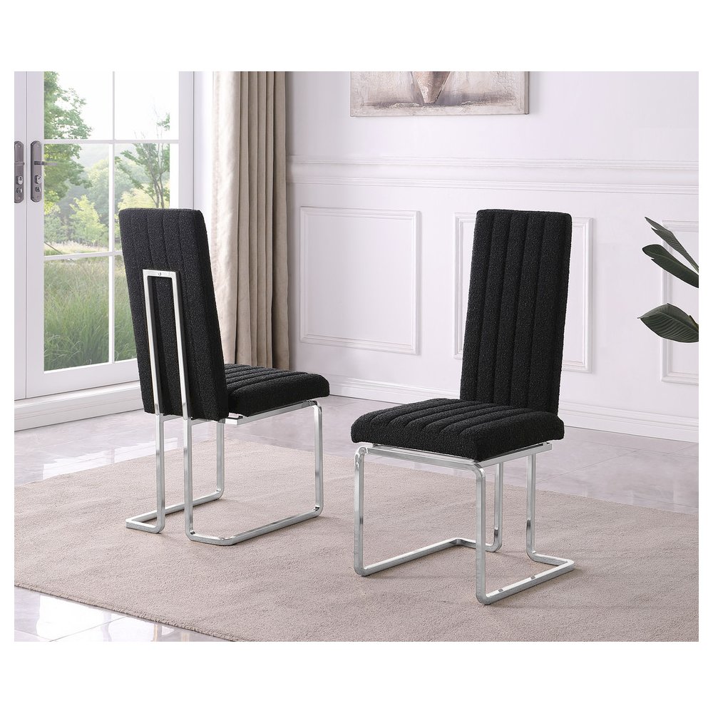 Black Boucle Fabric Silver Chrome Base Tall Back Rest Dining Chairs (Set Of 2). Picture 2