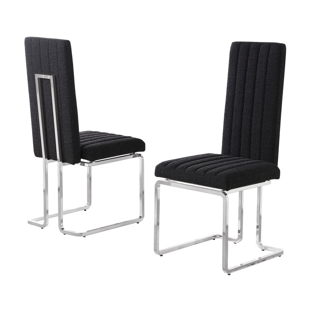 Black Boucle Fabric Silver Chrome Base Tall Back Rest Dining Chairs (Set Of 2). Picture 1