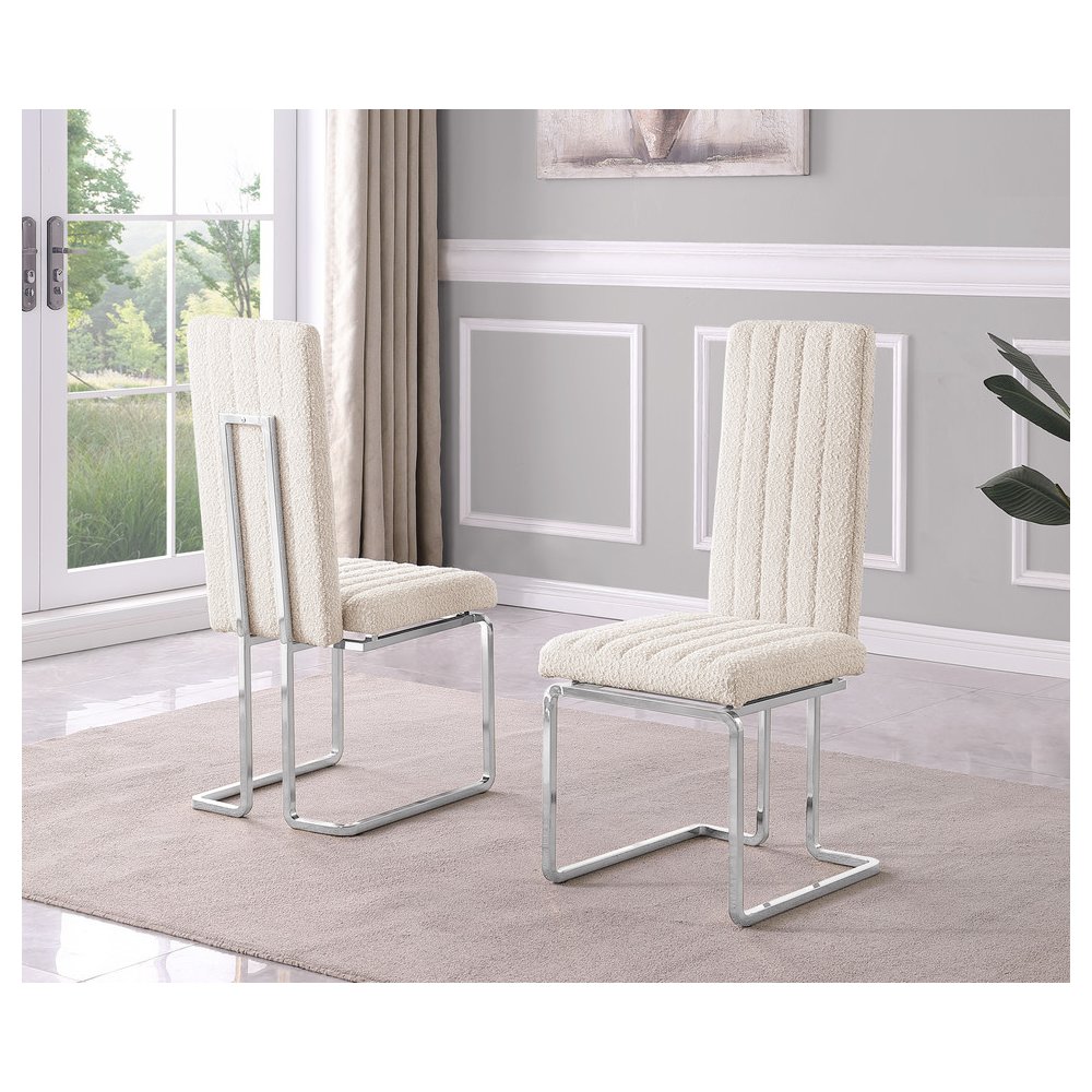 Cream Boucle Fabric Silver Chrome Base Tall Back Rest Dining Chairs (Set Of 2). Picture 2