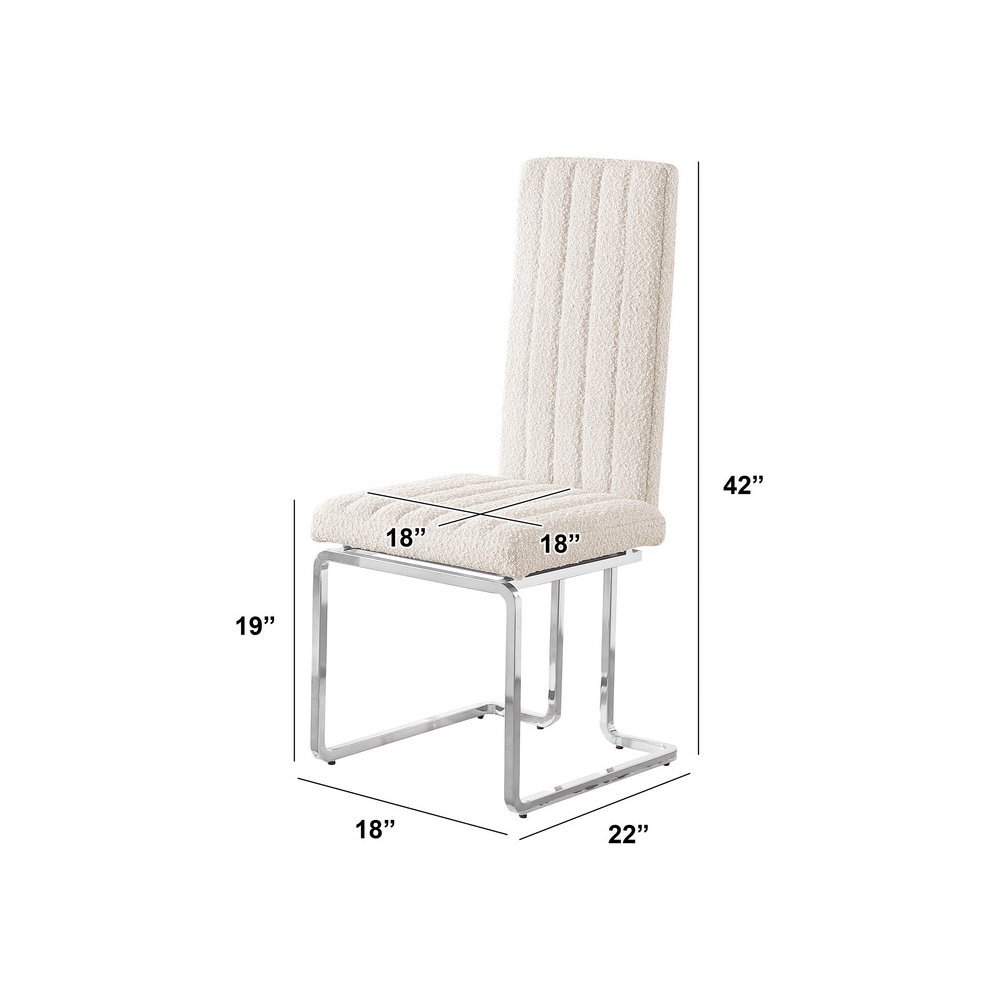 Cream Boucle Fabric Silver Chrome Base Tall Back Rest Dining Chairs (Set Of 2). Picture 3