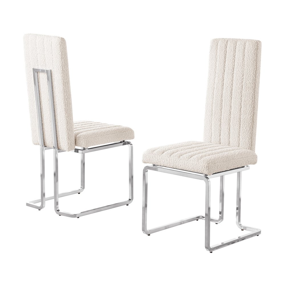 Cream Boucle Fabric Silver Chrome Base Tall Back Rest Dining Chairs (Set Of 2). Picture 1
