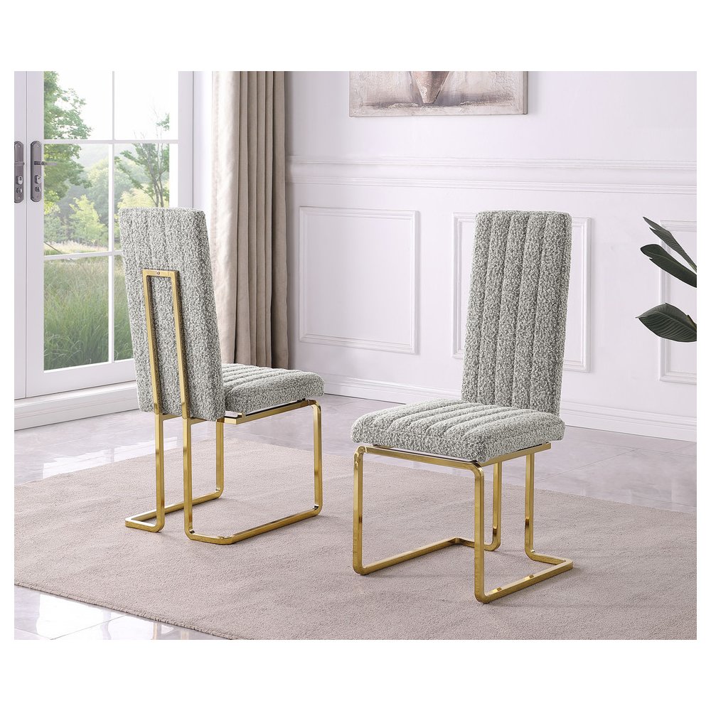 Rich Gray Boucle Fabric Gold Chrome Base Tall Back Rest Dining Chairs (Set Of 2). Picture 2