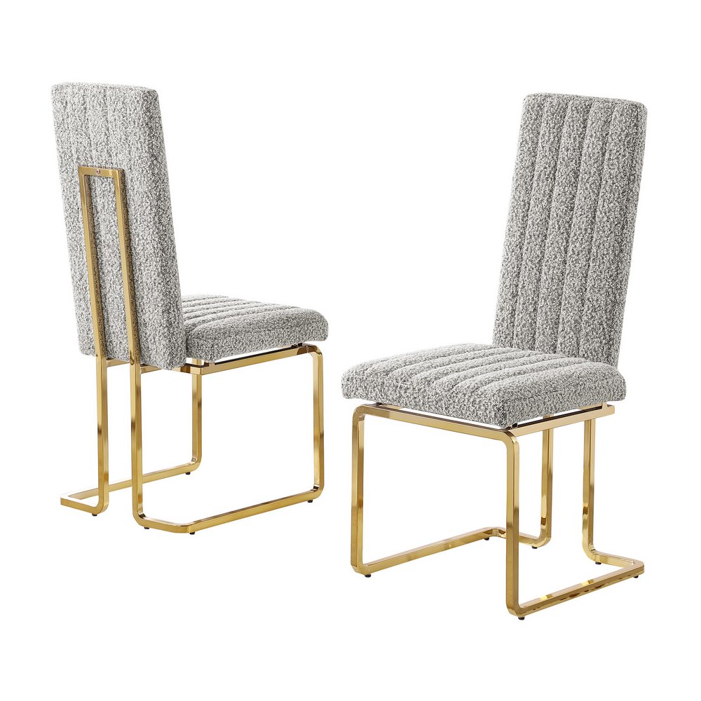 Rich Gray Boucle Fabric Gold Chrome Base Tall Back Rest Dining Chairs (Set Of 2). Picture 1
