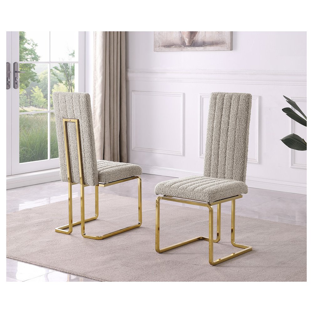 Gray Boucle Fabric With Gold Chrome Base Tall Back Rest Dining Chairs (Set Of 2). Picture 2