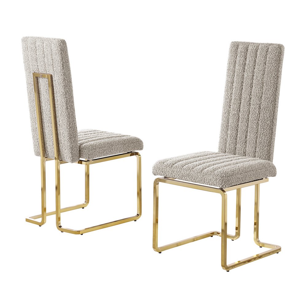 Gray Boucle Fabric With Gold Chrome Base Tall Back Rest Dining Chairs (Set Of 2). Picture 1