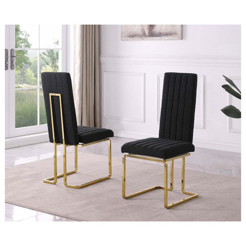 Black Boucle Fabric Gold Chrome Base Tall Back Rest Dining Chairs (Set Of 2). Picture 2