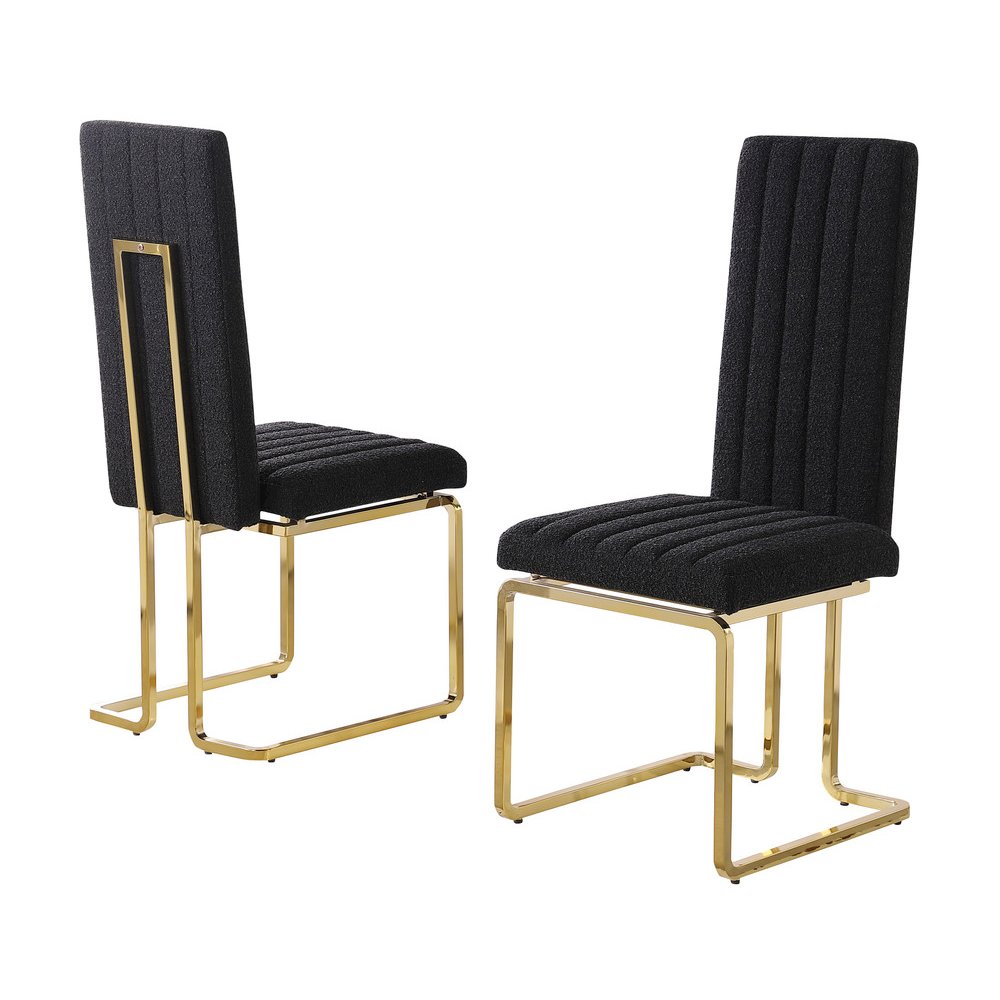 Black Boucle Fabric Gold Chrome Base Tall Back Rest Dining Chairs (Set Of 2). Picture 1