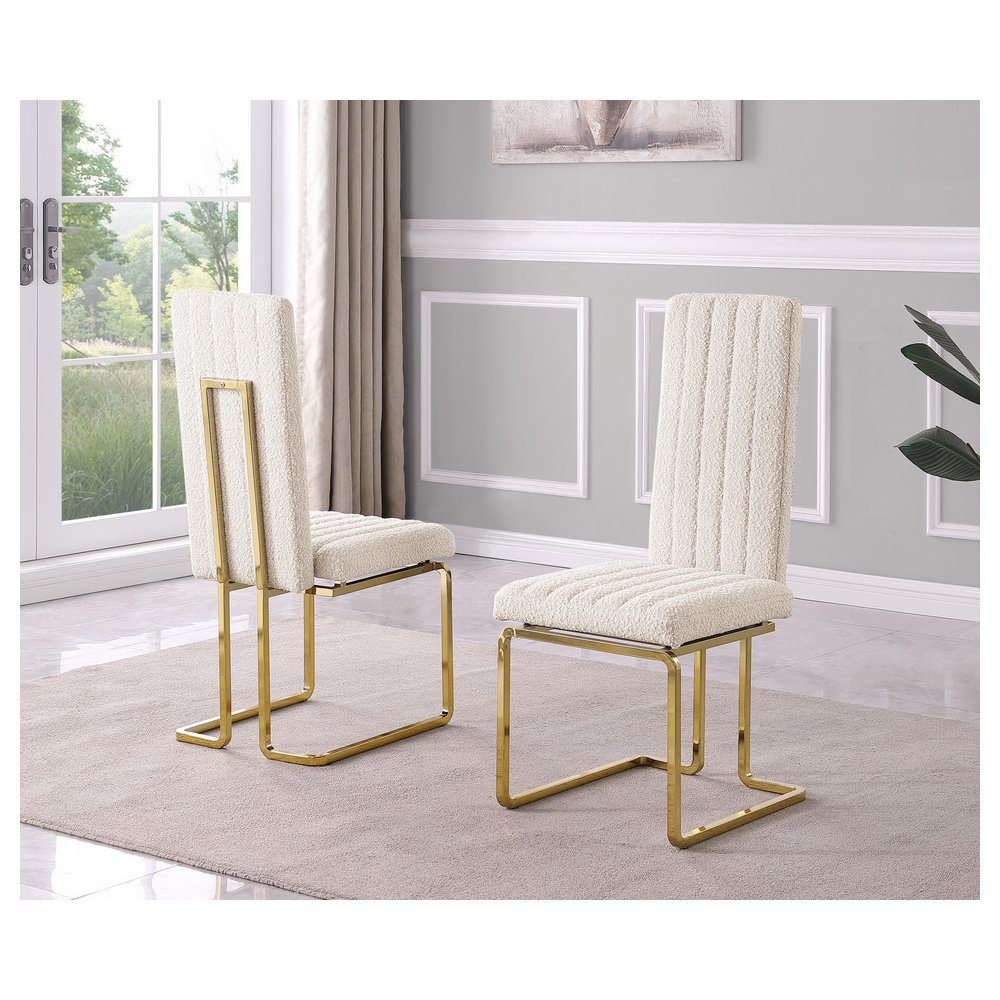 Cream Boucle Fabric Gold Chrome Base Tall Back Rest Dining Chairs (Set Of 2). Picture 2