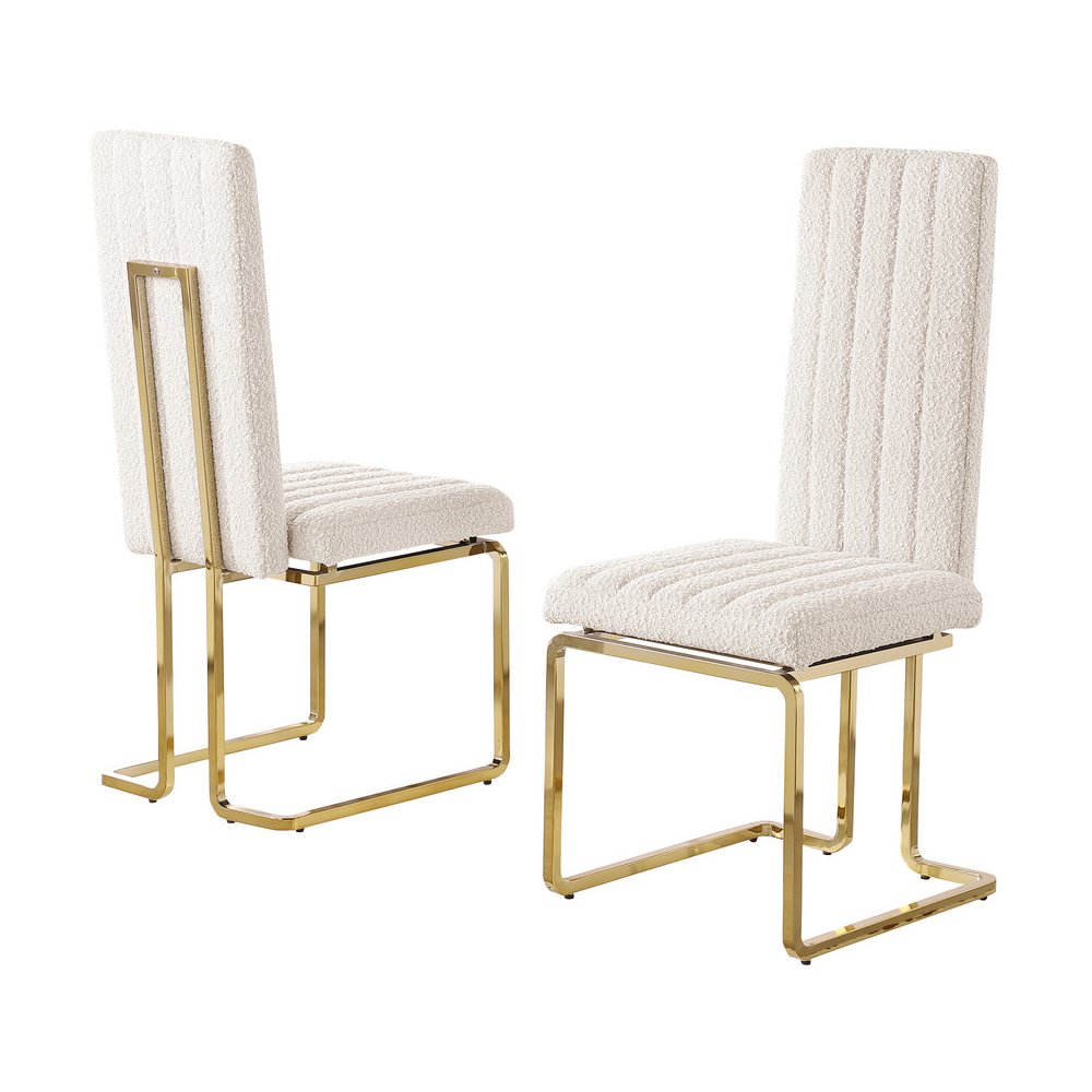 Cream Boucle Fabric Gold Chrome Base Tall Back Rest Dining Chairs (Set Of 2). Picture 1