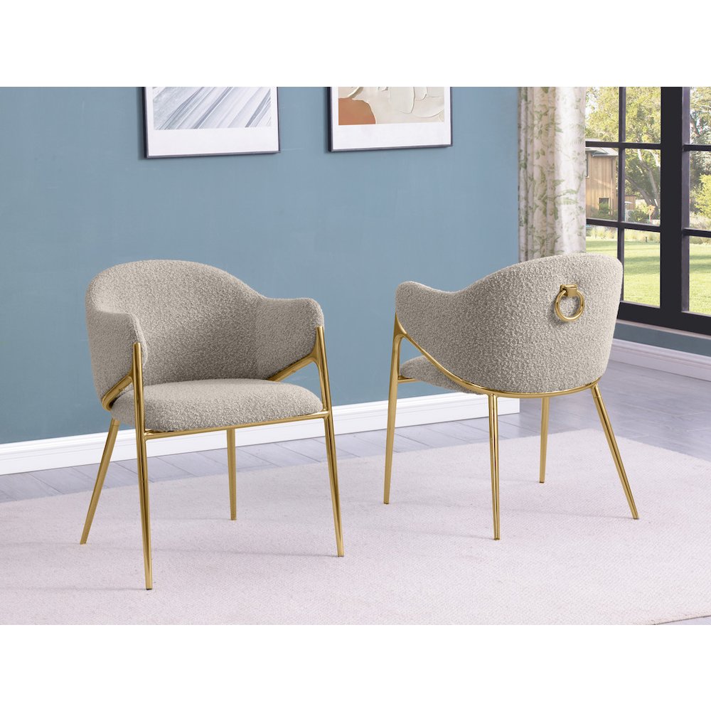 Gray Boucle Fabric Side Chiars With Gold Base. Picture 4