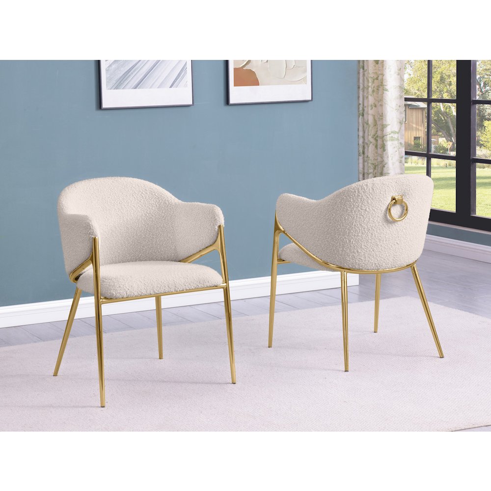Cream Boucle Fabric Side Chiars With Gold Base. Picture 4