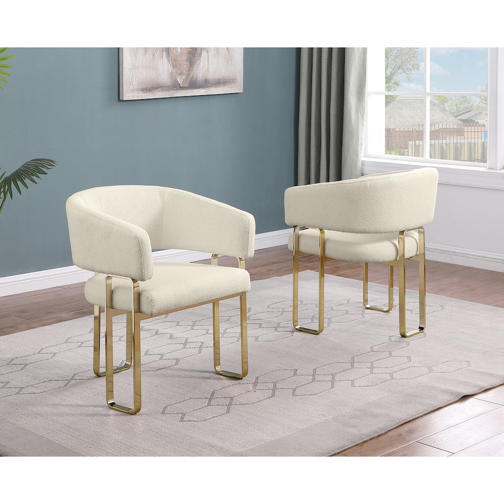 2pc Cream Teddy Boucle Fabric Gold Chrome Base. Picture 2