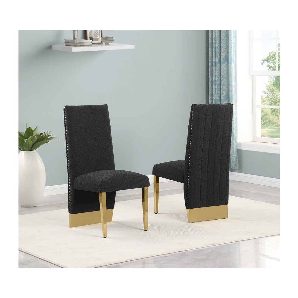 9Pc Tempered Glass Dining Set 8 Black Boucle Chairs And  Gold Base. Picture 4