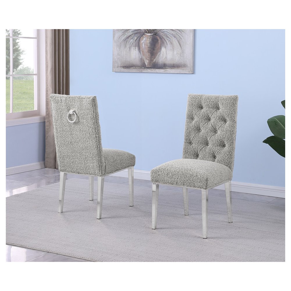 Rich Gray Boucle Fabric With Silver Chrome Base Dining Chairs (Set Of 2). Picture 2