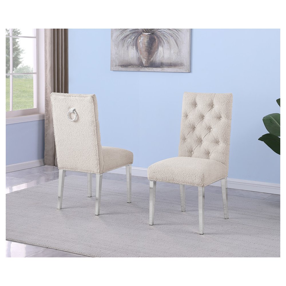 Cream Boucle Fabric With Silver Chrome Base Dining Chairs (Set Of 2). Picture 2