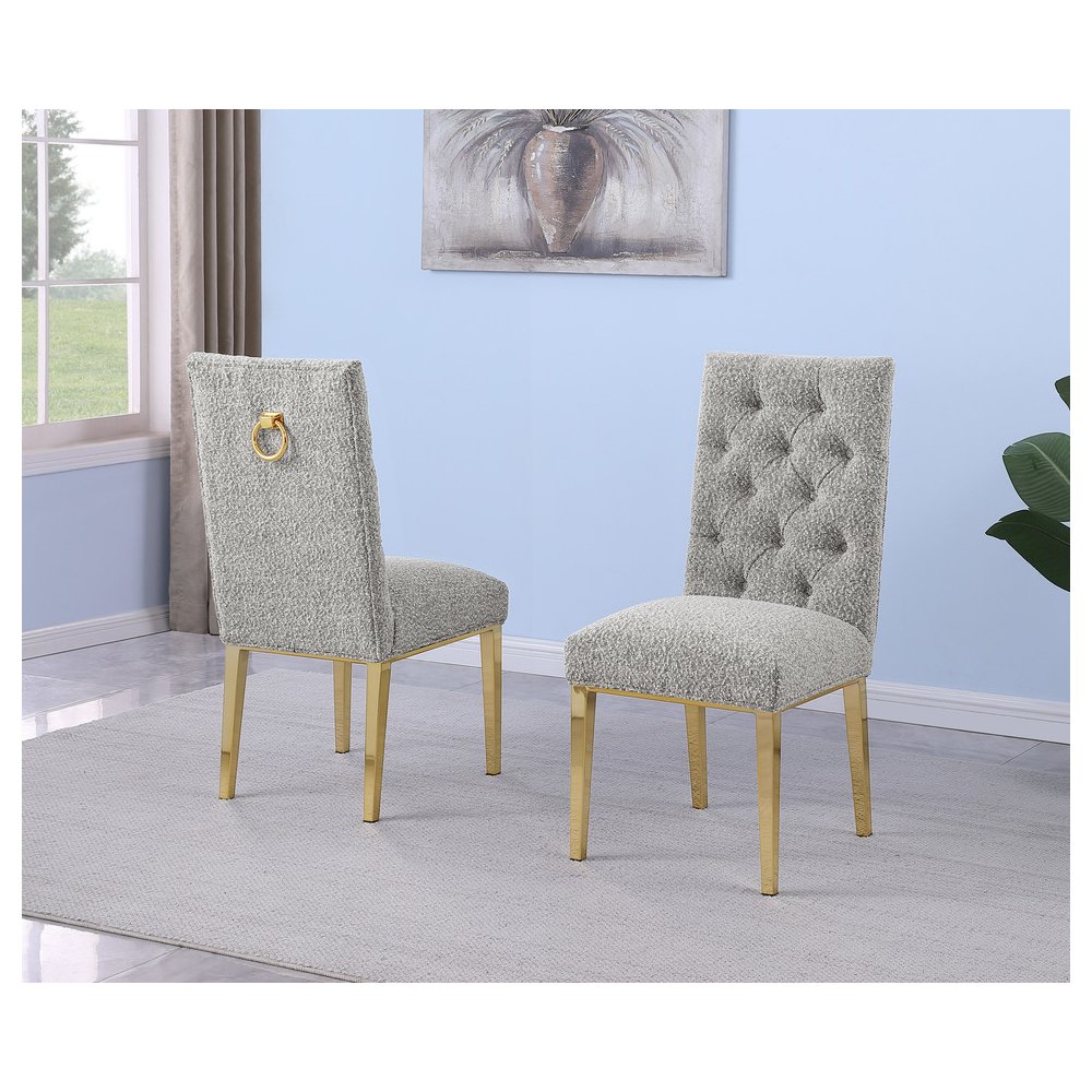 Rich Gray Boucle Fabric With Gold Chrome Base Dining Chairs (Set Of 2). Picture 2