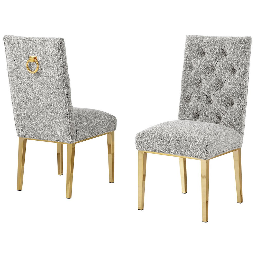 Rich Gray Boucle Fabric With Gold Chrome Base Dining Chairs (Set Of 2). Picture 1