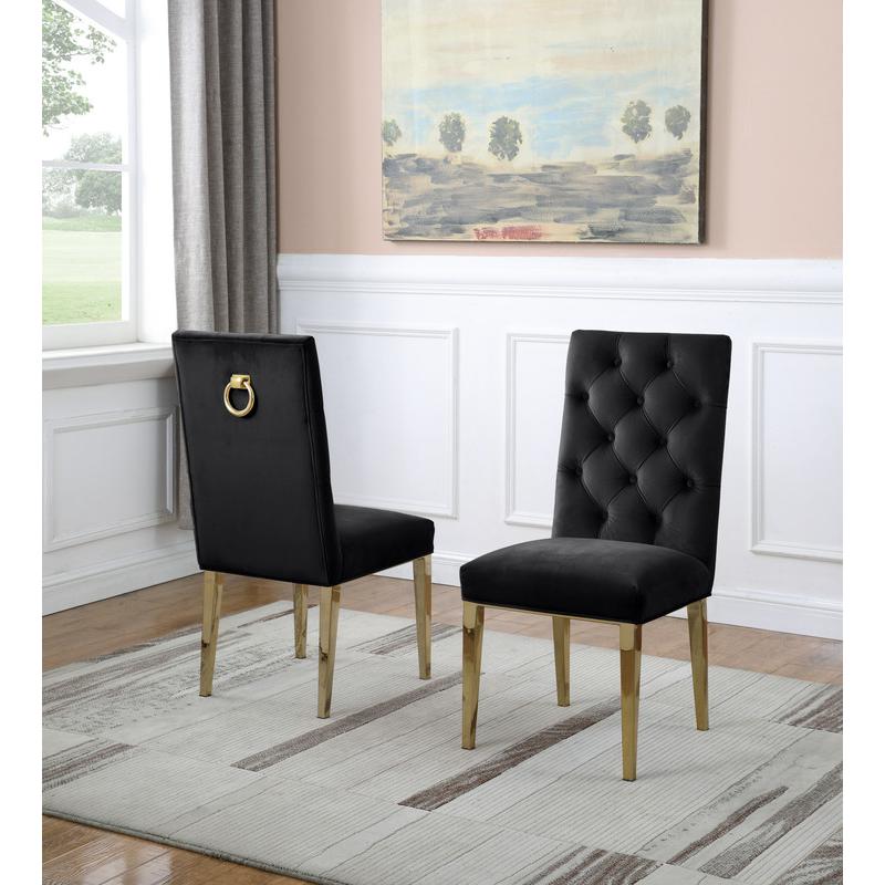 Contemporary 5pc Dining Set, Glass Dining Table w/Stainless Steel Gold Base & Velvet Tufted Chrome Leg Dining Chairs, Black. Picture 3