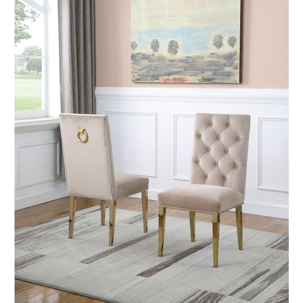 Beige Velvet Tufted Side Chair Set of 2. Picture 1