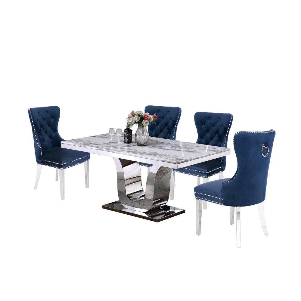White Marble 5pc Set Tufted Wingback Chairs in Navy Blue Velvet. Picture 2