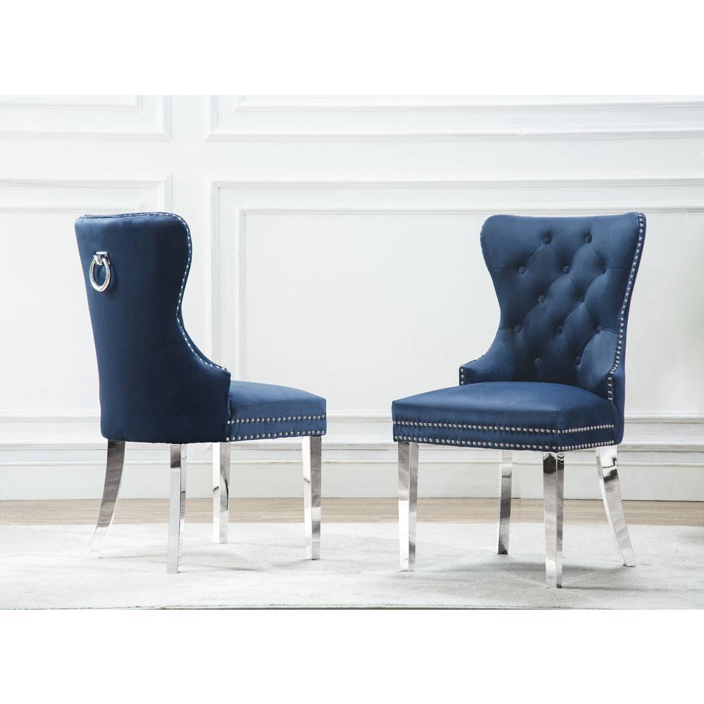 White Marble 5pc Set Tufted Wingback Chairs in Navy Blue Velvet. Picture 5