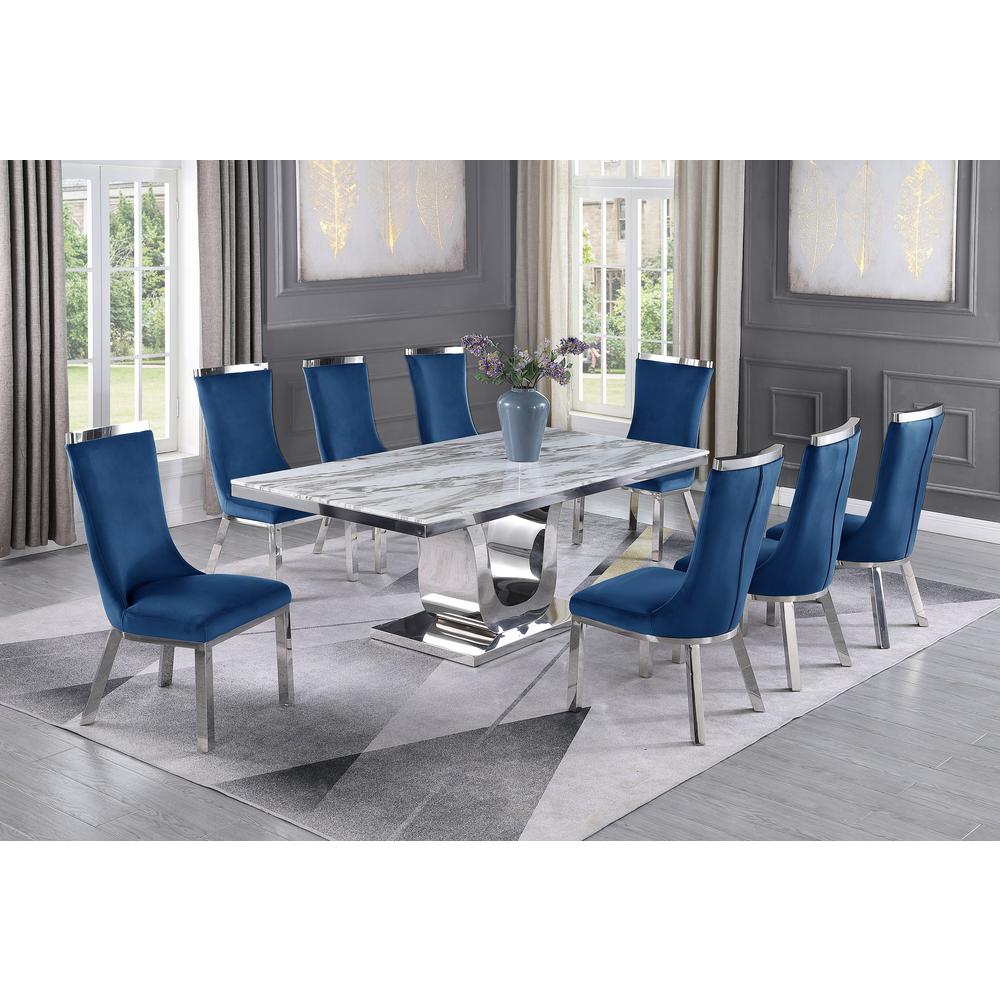 9pc dining set- Rectangle Marble table with a U shape silver base and 8 Navy Blue side chairs. Picture 4
