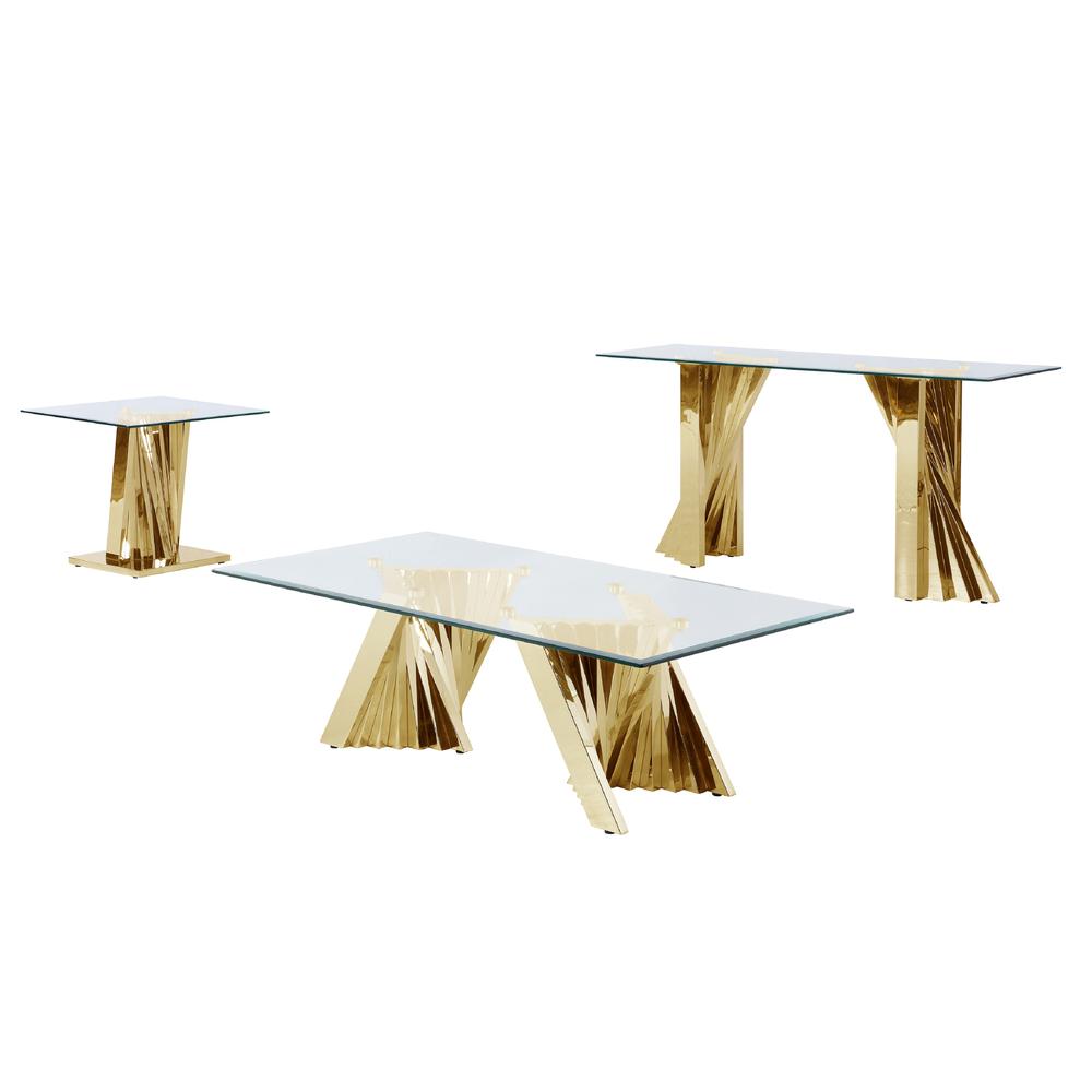 Glass Coffee Table Sets: Coffee Table, End Table, Console Table with Stainless Steel Gold Base. Picture 1