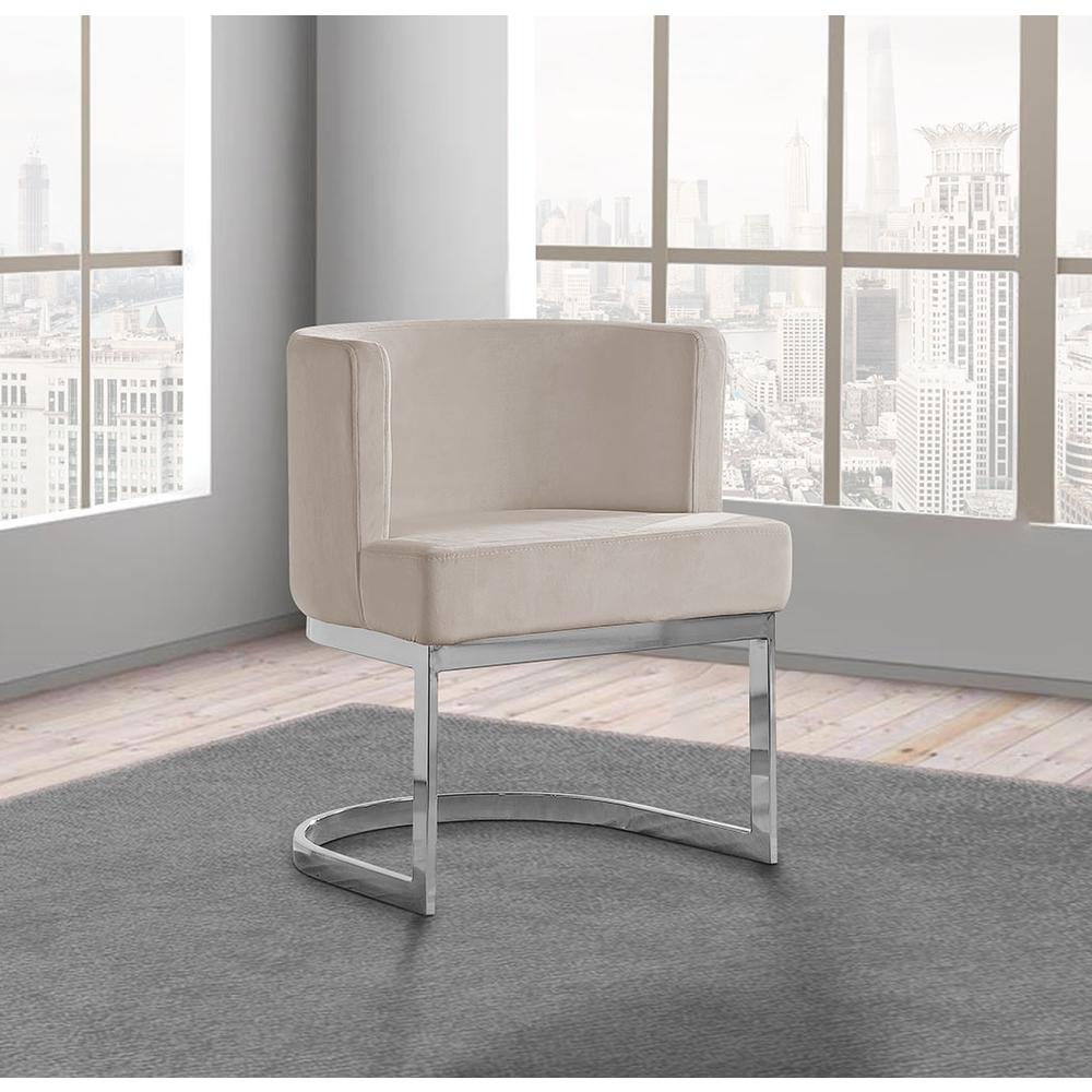 Beige Velvet Side Chair with Silver, Chrome Base - Single. Picture 1