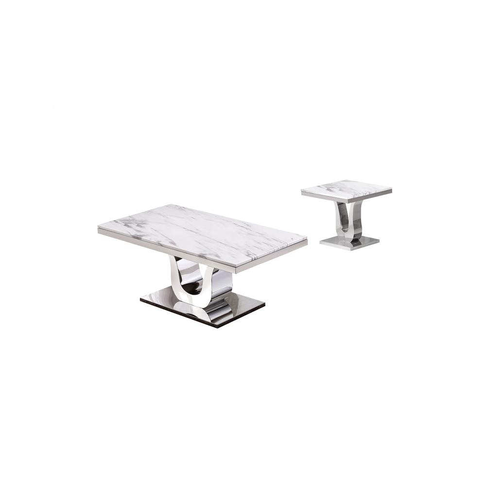 White Marble Coffee Table Set: Coffee Table, End Table w/Stainless Steel U-Base. Picture 1