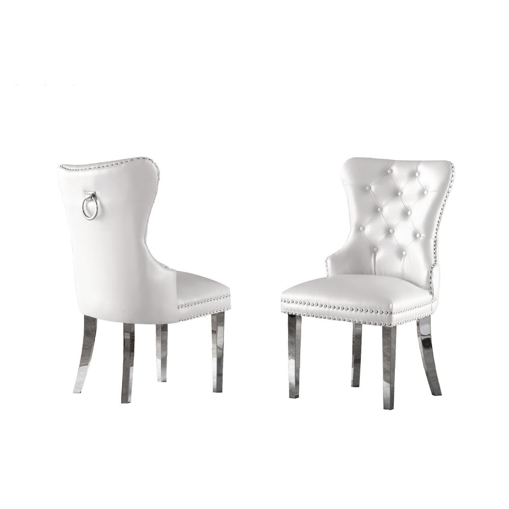White Faux Leather Tufted Dining Side Chairs, Stainless Steel Legs - Set of 2. Picture 1