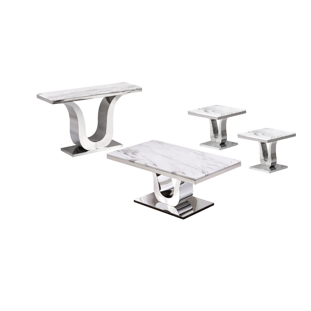White Marble Coffee Table Set: Coffee Table, 2 End Tables, Console Table w/Stainless Steel U-Base. Picture 1