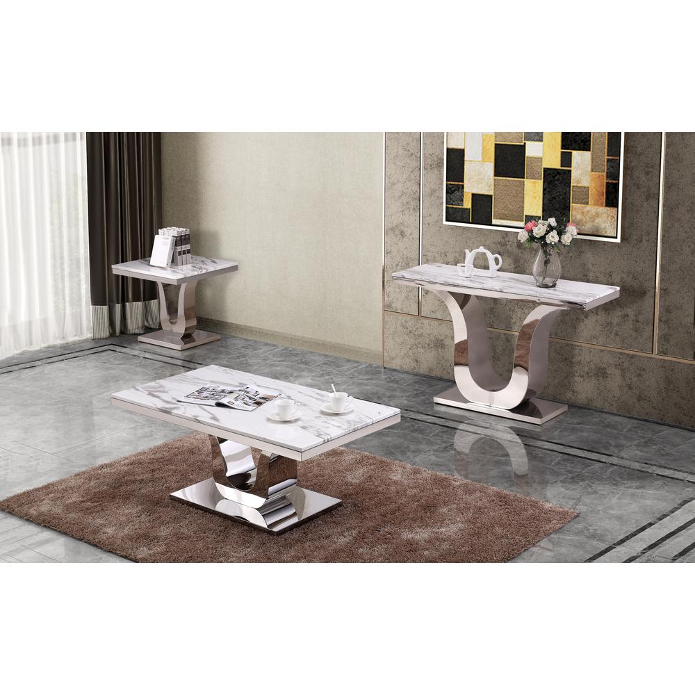 White Marble Coffee Table Set: Coffee Table, End Table, Console Table w/Stainless Steel U-Base. Picture 2