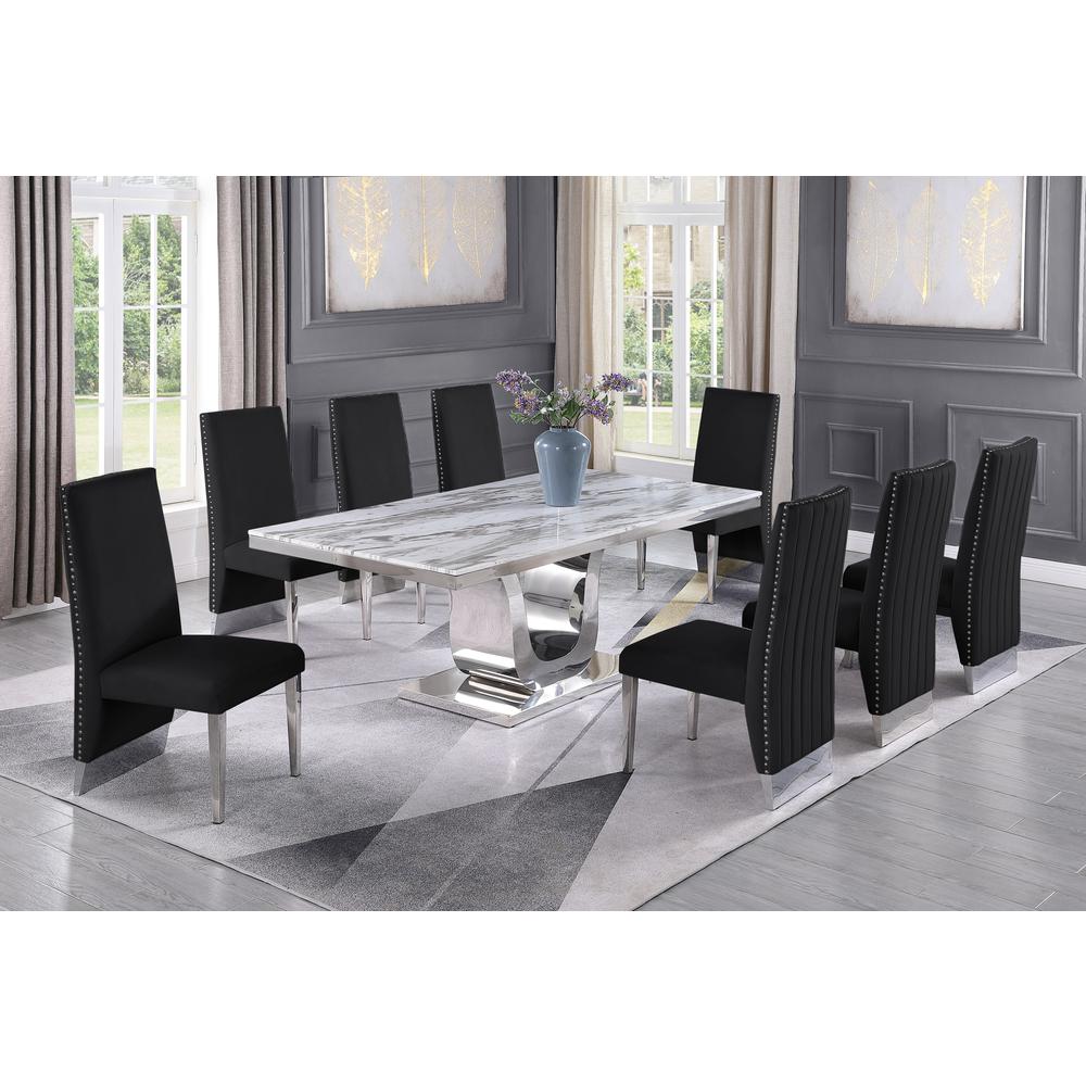 White Marble 9pc Set Pleated Chairs in Black Velvet. Picture 1
