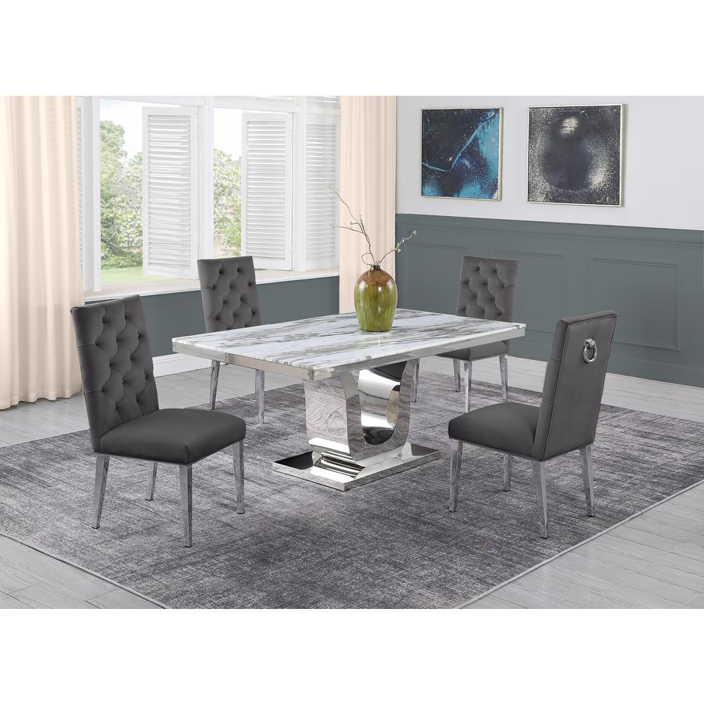 White Marble 5pc Set Ring Chairs in Dark Grey Velvet. Picture 1