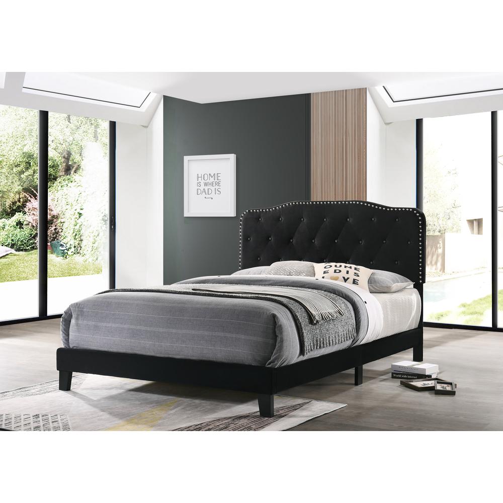 Black Velvet Uph. Panel Bed with Silver Nailhead - Full. Picture 1