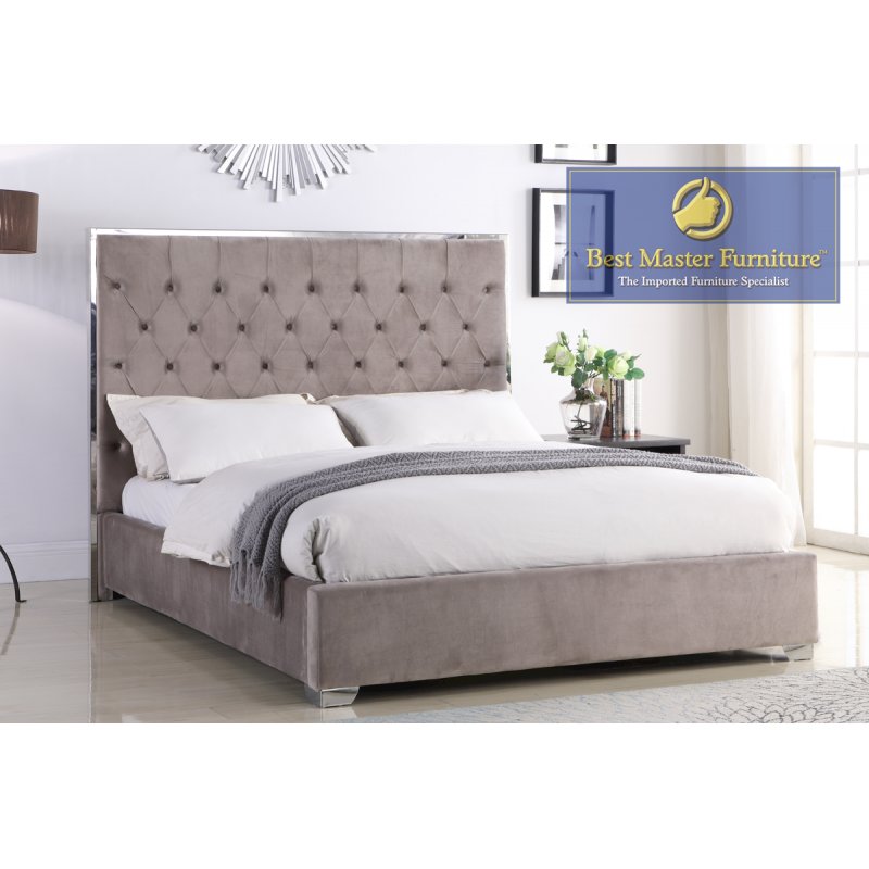 Best Master Kressa Velour Fabric Tufted Queen Platform Bed in Light Gray. Picture 1