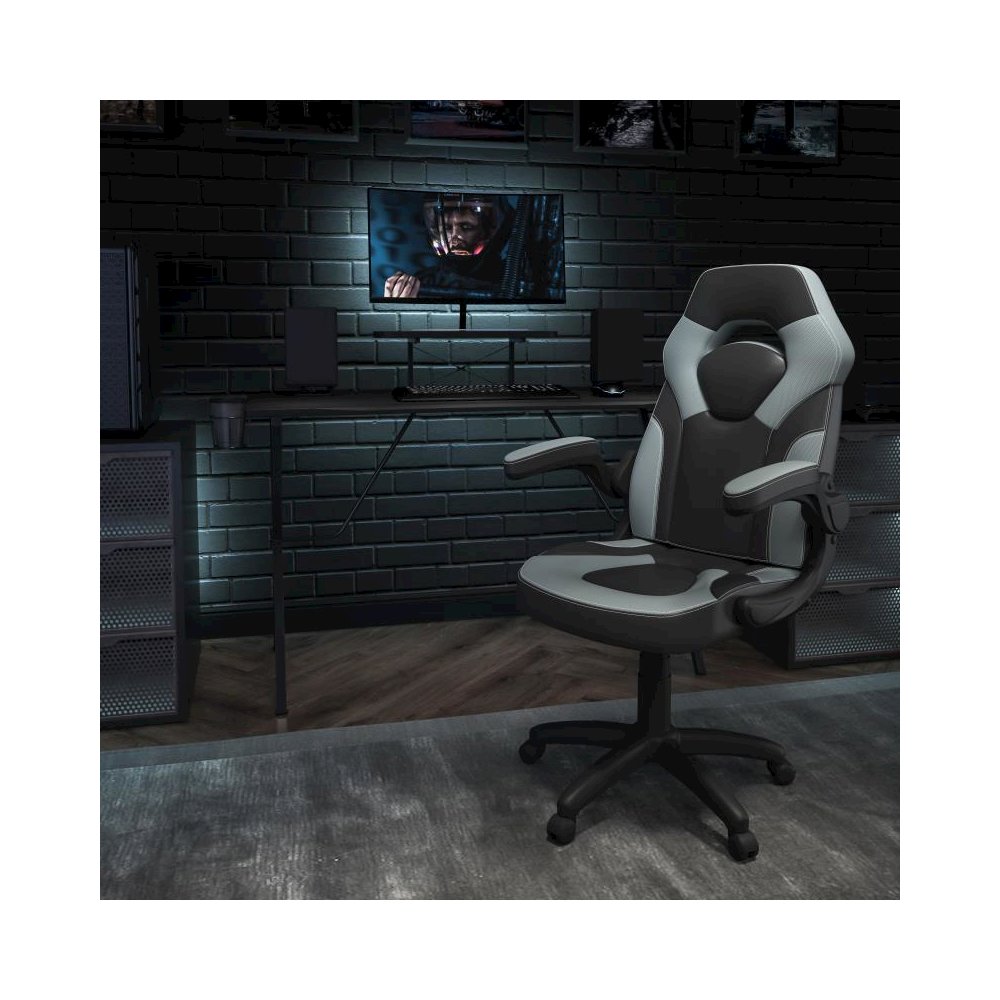 Black Gaming Desk and Gray/Black Racing Chair Set with Cup Holder, Headphone Hook, and Monitor/Smartphone Stand. Picture 2
