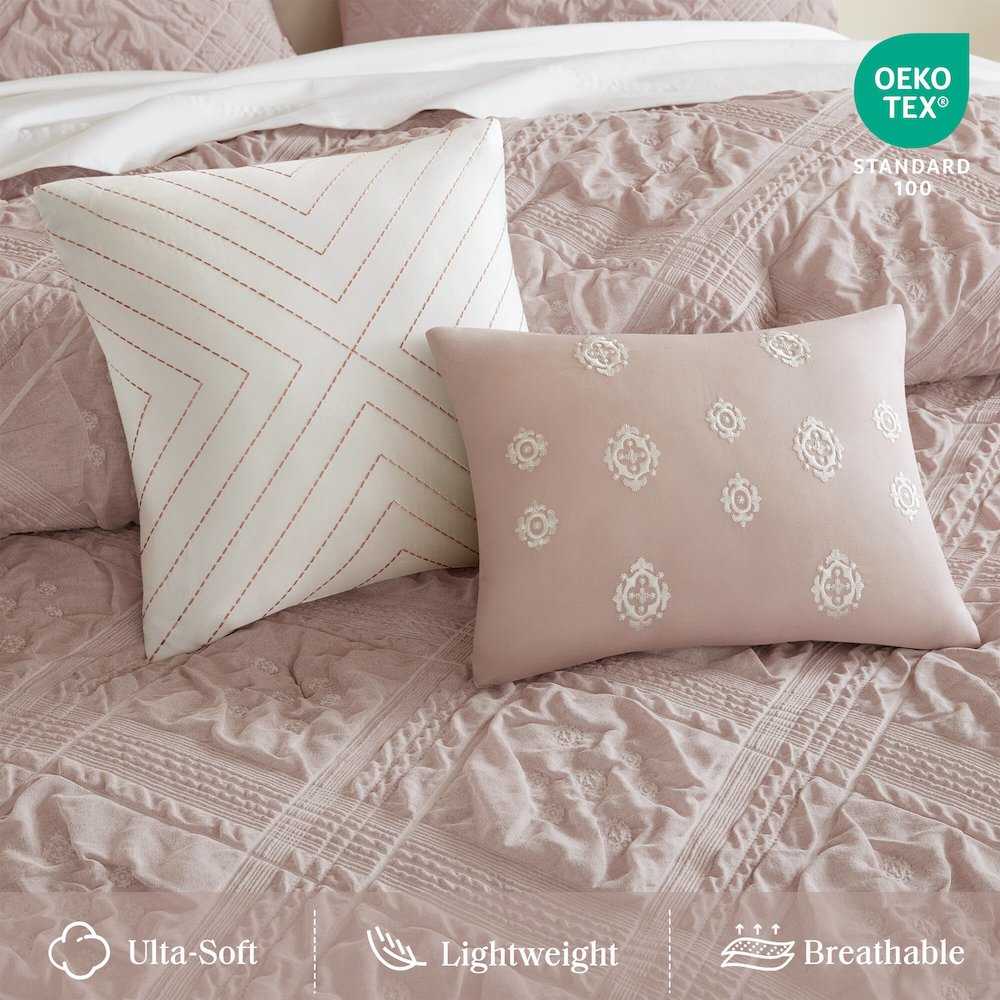 Mona 5 Piece Sculpted jacquard comforter set, Pink color. Picture 4