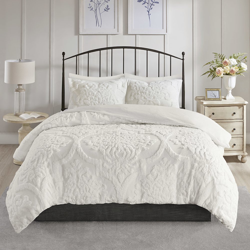 3 Piece Tufted Cotton Chenille Damask Duvet Cover Set. Picture 2