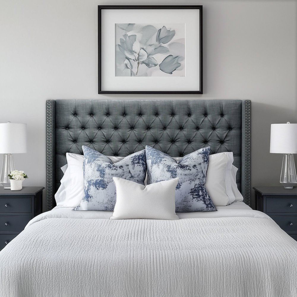 Amelia Upholstered Wingback Headboard with Button Tufting & Nailhead Trim. Picture 1